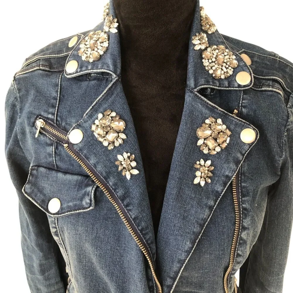Bebe Rhinestone Embellished Stretchy Retro Y2K Denim‎ Moto Jacket Size S - Picture 4 of 14